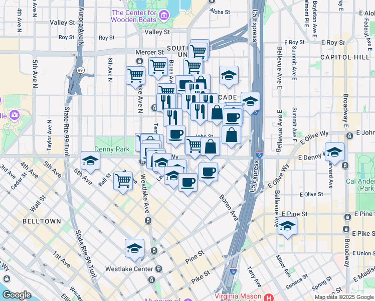 map of restaurants, bars, coffee shops, grocery stores, and more near 1172 Denny Way in Seattle