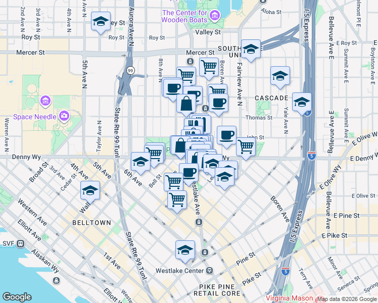 map of restaurants, bars, coffee shops, grocery stores, and more near  in Seattle