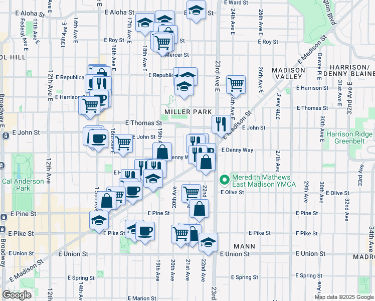 map of restaurants, bars, coffee shops, grocery stores, and more near 111 21st Avenue East in Seattle