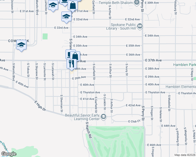 map of restaurants, bars, coffee shops, grocery stores, and more near 914 East 39th Avenue in Spokane