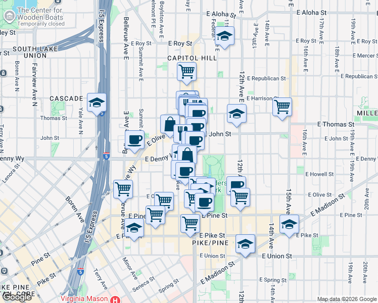 map of restaurants, bars, coffee shops, grocery stores, and more near 840 East Denny Way in Seattle