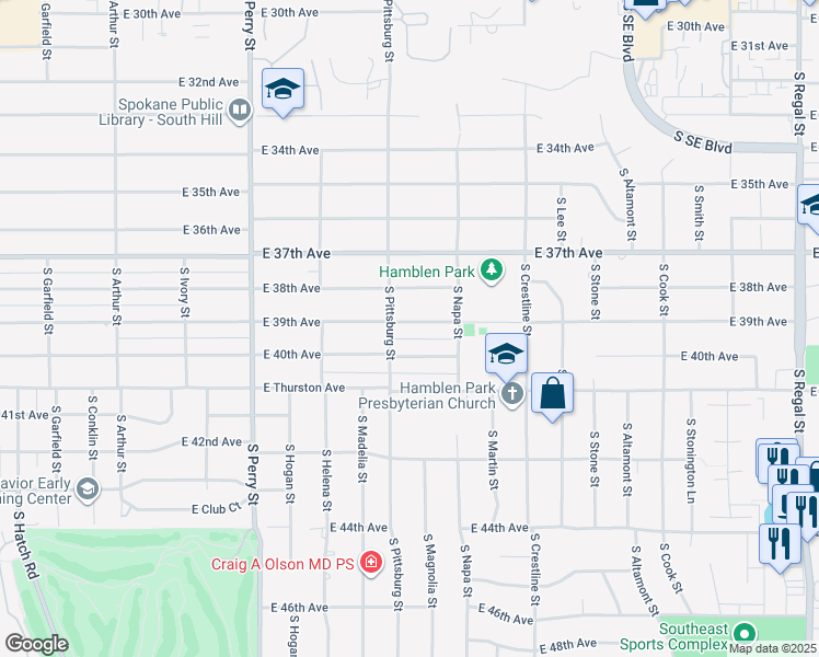 map of restaurants, bars, coffee shops, grocery stores, and more near 1816 East 39th Avenue in Spokane
