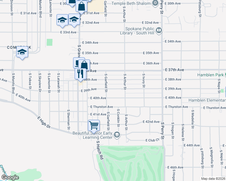 map of restaurants, bars, coffee shops, grocery stores, and more near 914 East 39th Avenue in Spokane