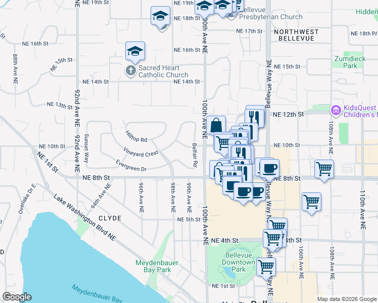 map of restaurants, bars, coffee shops, grocery stores, and more near 9851 Belfair Lane in Bellevue