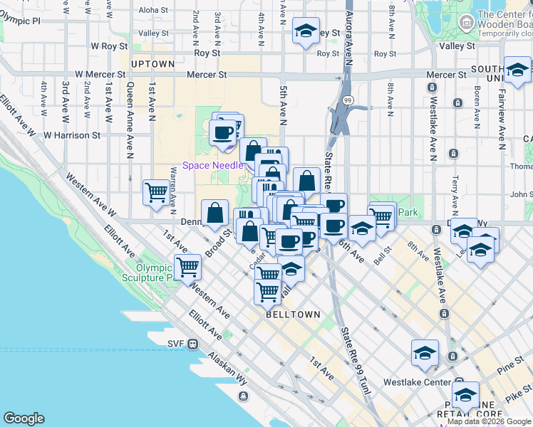 map of restaurants, bars, coffee shops, grocery stores, and more near 100 4th Avenue North in Seattle