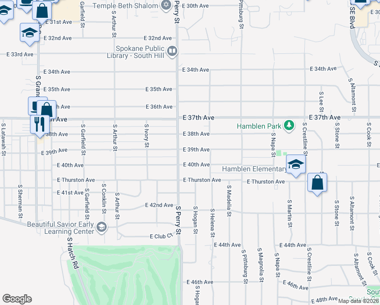 map of restaurants, bars, coffee shops, grocery stores, and more near 1504 East 39th Avenue in Spokane