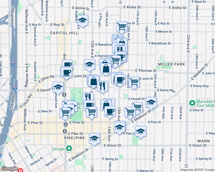 map of restaurants, bars, coffee shops, grocery stores, and more near 107 14th Avenue East in Seattle