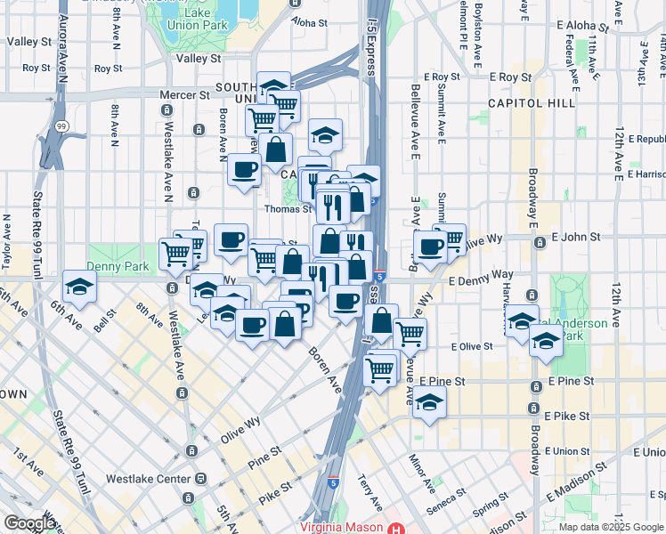 map of restaurants, bars, coffee shops, grocery stores, and more near 1370 Stewart Street in Seattle