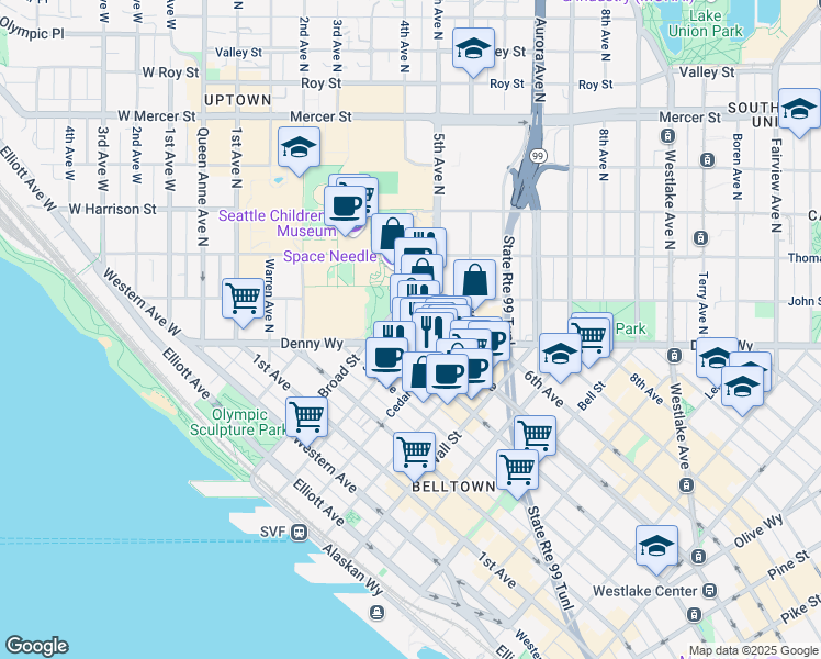 map of restaurants, bars, coffee shops, grocery stores, and more near 154 4th Avenue North in Seattle