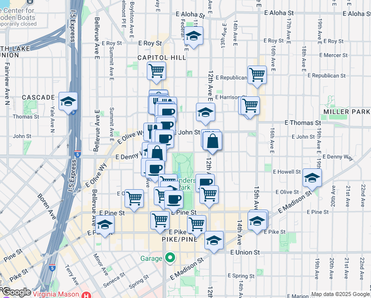 map of restaurants, bars, coffee shops, grocery stores, and more near 1008 East Denny Way in Seattle