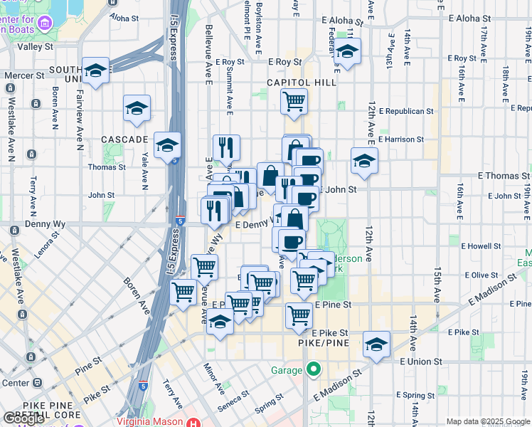 map of restaurants, bars, coffee shops, grocery stores, and more near 112 Boylston Avenue East in Seattle