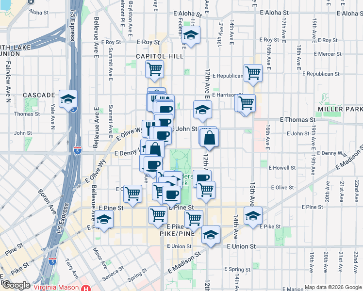 map of restaurants, bars, coffee shops, grocery stores, and more near 1006 E Denny Way in Seattle