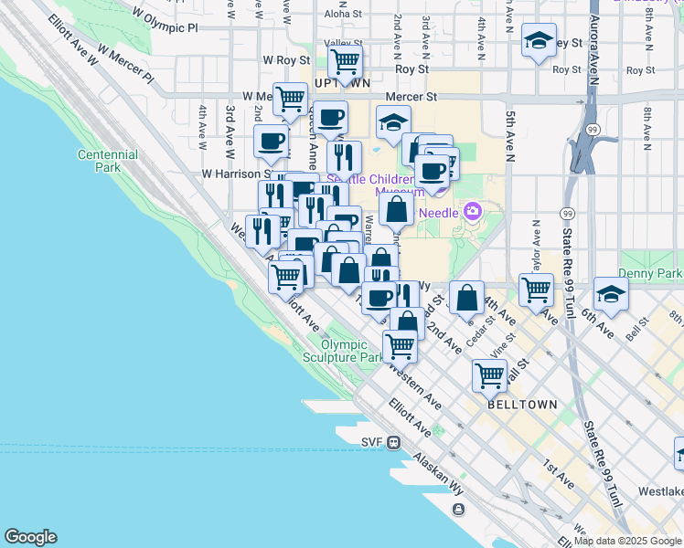 map of restaurants, bars, coffee shops, grocery stores, and more near 114 1st Ave N in Seattle