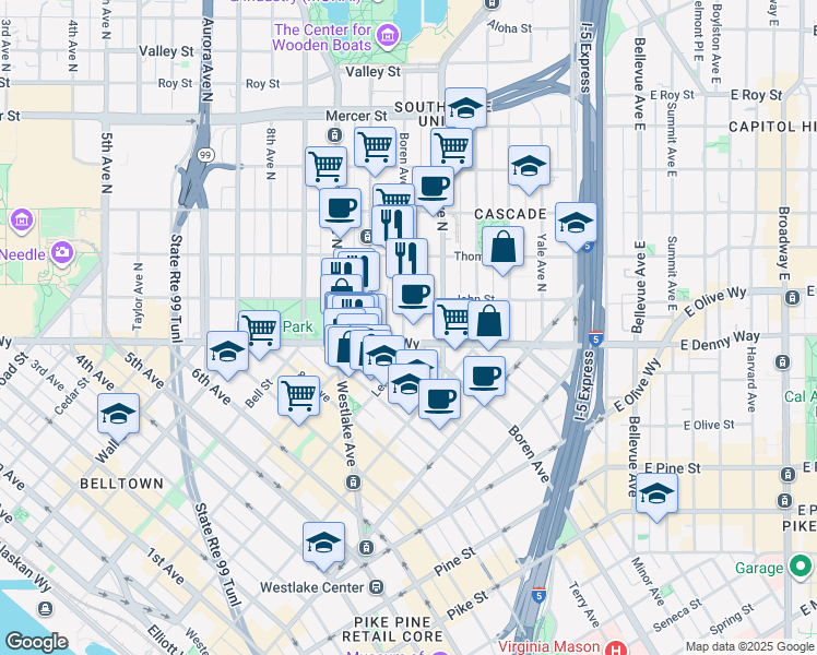 map of restaurants, bars, coffee shops, grocery stores, and more near 110 Boren Avenue North in Seattle