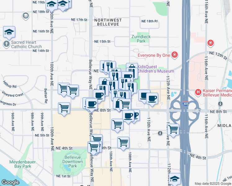 map of restaurants, bars, coffee shops, grocery stores, and more near 10505 Northeast 9th Street in Bellevue