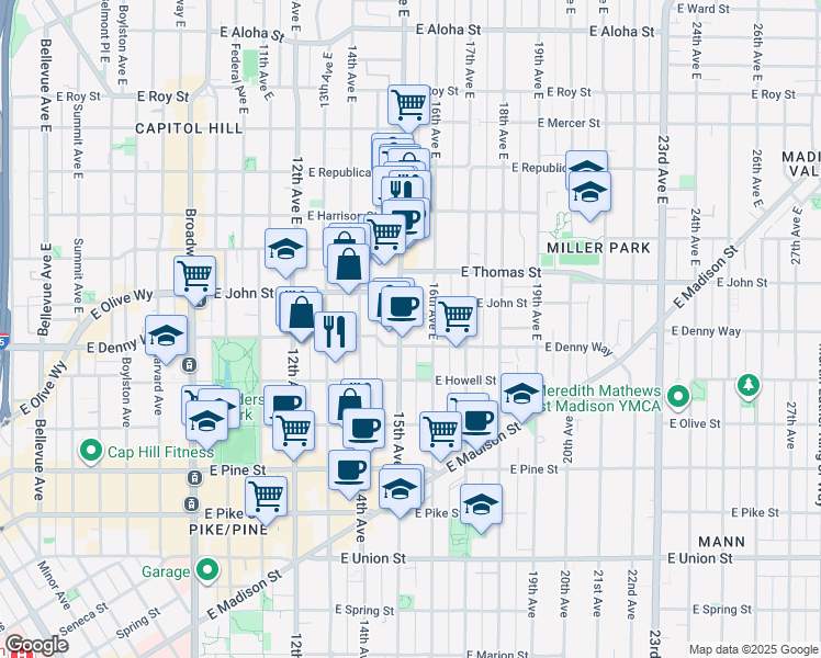 map of restaurants, bars, coffee shops, grocery stores, and more near 115 15th Avenue East in Seattle