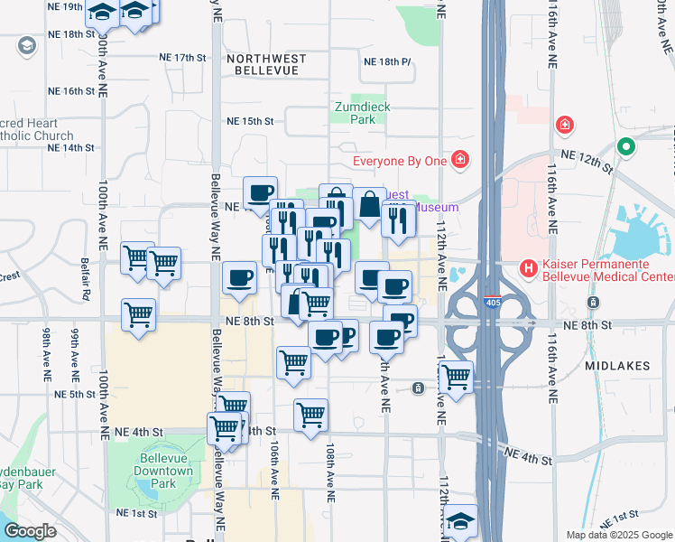 map of restaurants, bars, coffee shops, grocery stores, and more near 900 108th Avenue Northeast in Bellevue