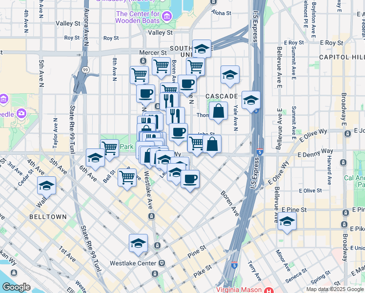 map of restaurants, bars, coffee shops, grocery stores, and more near 110 Boren Avenue North in Seattle