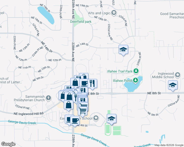 map of restaurants, bars, coffee shops, grocery stores, and more near 1074 230th Avenue Northeast in Sammamish