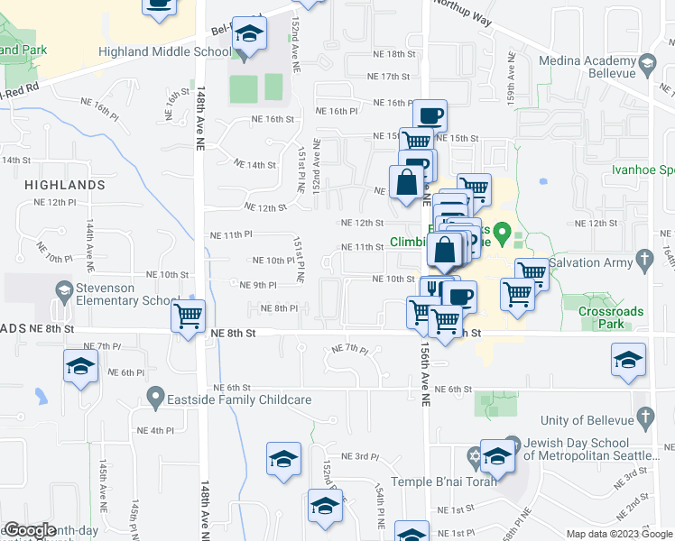map of restaurants, bars, coffee shops, grocery stores, and more near 1049 156th Avenue Northeast in Bellevue