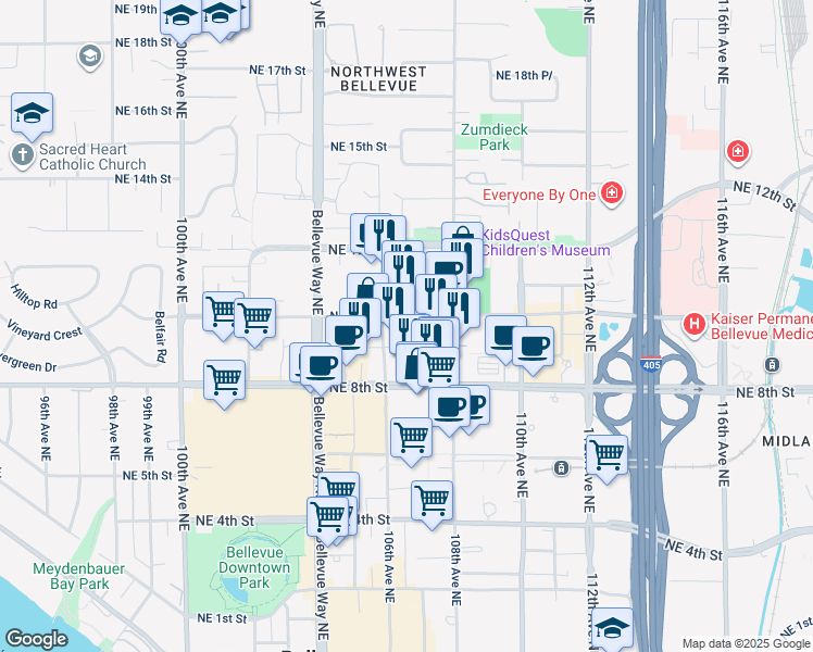 map of restaurants, bars, coffee shops, grocery stores, and more near 10505 Northeast 9th Street in Bellevue