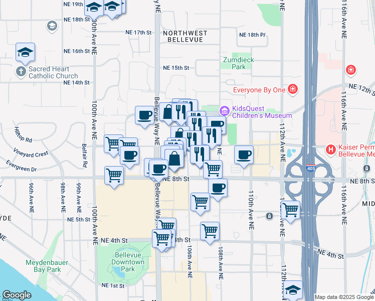 map of restaurants, bars, coffee shops, grocery stores, and more near 10610 Northeast 9th Street in Bellevue