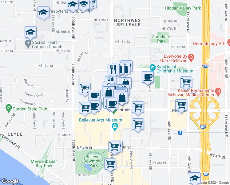map of restaurants, bars, coffee shops, grocery stores, and more near 10525 Southeast 10th Court in Bellevue