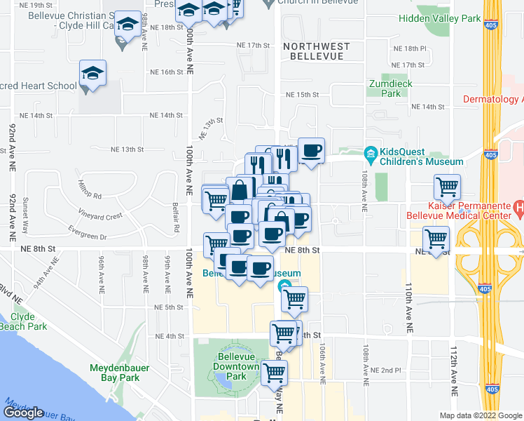 map of restaurants, bars, coffee shops, grocery stores, and more near 929 Bellevue Way Northeast in Bellevue
