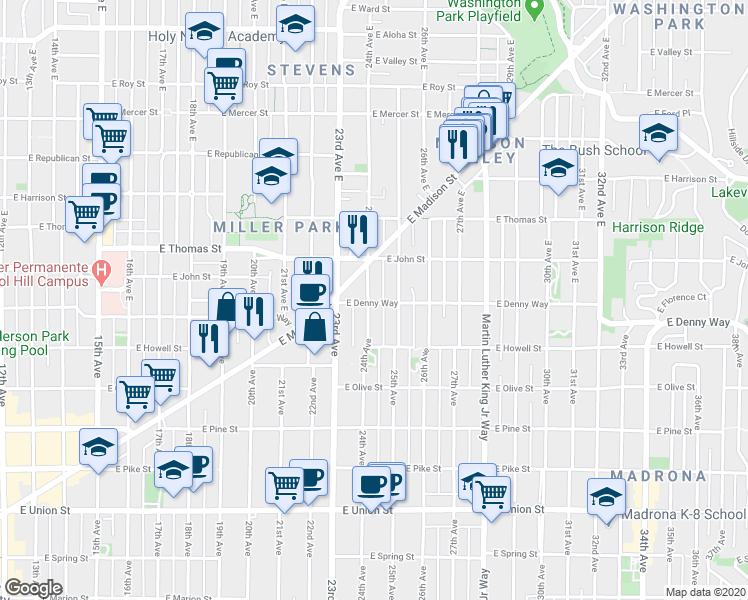 map of restaurants, bars, coffee shops, grocery stores, and more near in Seattle