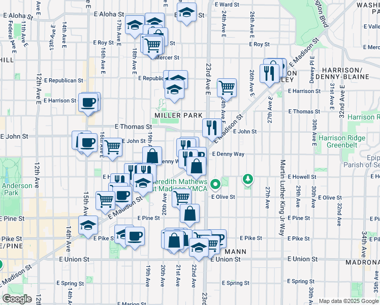 map of restaurants, bars, coffee shops, grocery stores, and more near 119 22nd Avenue East in Seattle