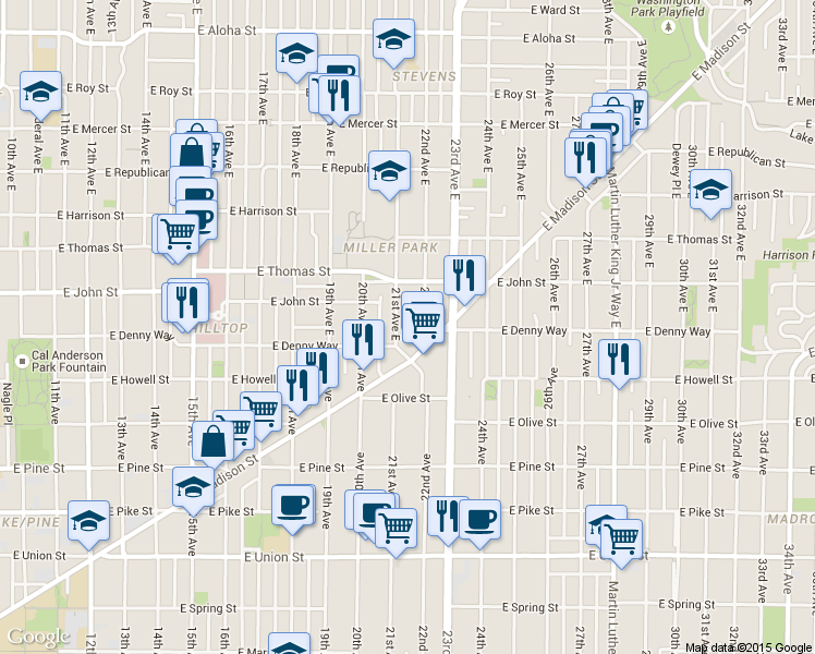map of restaurants, bars, coffee shops, grocery stores, and more near 119 22nd Avenue East in Seattle