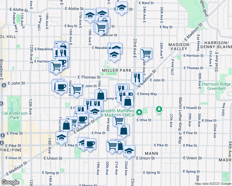 map of restaurants, bars, coffee shops, grocery stores, and more near in Seattle