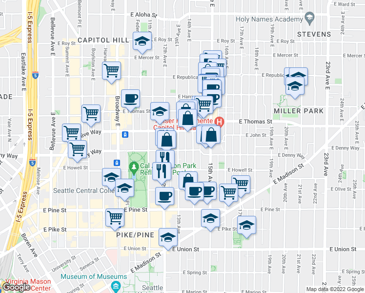 map of restaurants, bars, coffee shops, grocery stores, and more near 107 14th Avenue East in Seattle