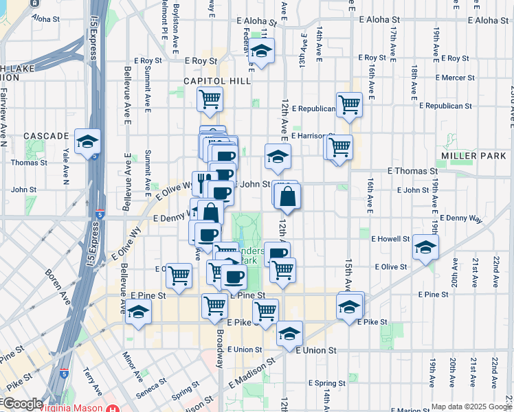 map of restaurants, bars, coffee shops, grocery stores, and more near 1008 East Denny Way in Seattle