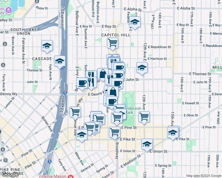 map of restaurants, bars, coffee shops, grocery stores, and more near 102 Harvard Avenue East in Seattle