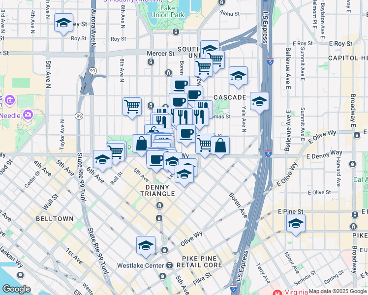 map of restaurants, bars, coffee shops, grocery stores, and more near 110 Boren Avenue North in Seattle