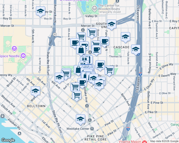 map of restaurants, bars, coffee shops, grocery stores, and more near 1000 Denny Way in Seattle