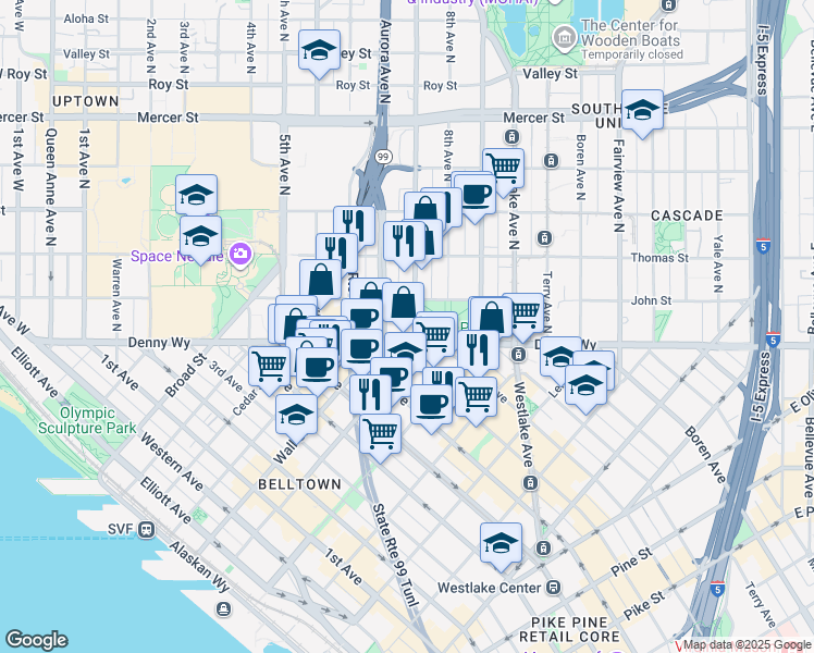 map of restaurants, bars, coffee shops, grocery stores, and more near 115 Dexter Avenue North in Seattle