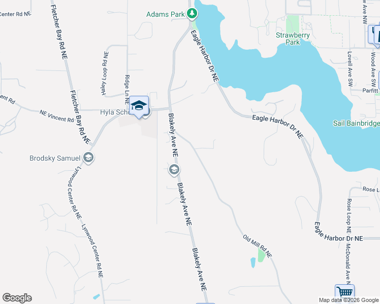 map of restaurants, bars, coffee shops, grocery stores, and more near 6159 Old Mill Road Northeast in Bainbridge Island
