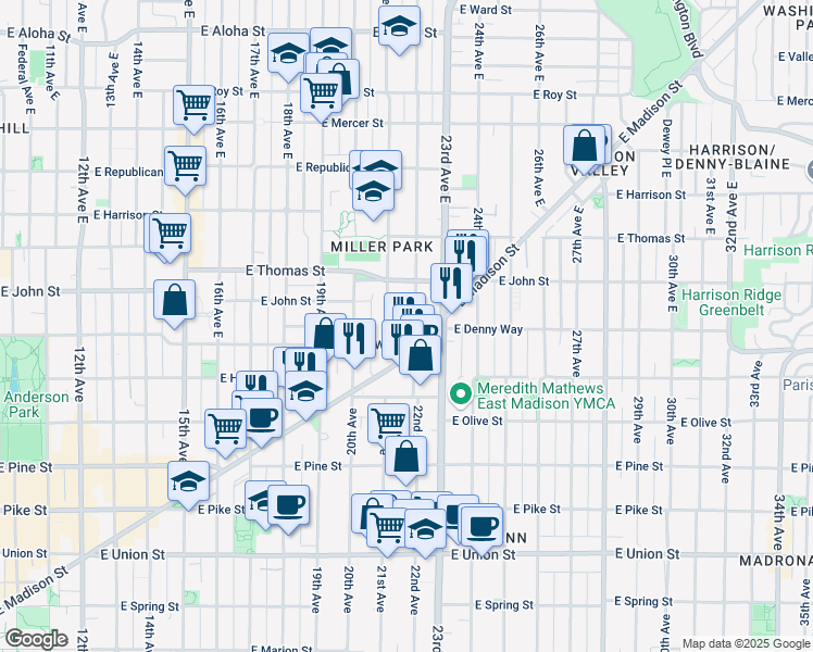 map of restaurants, bars, coffee shops, grocery stores, and more near 119 22nd Avenue East in Seattle