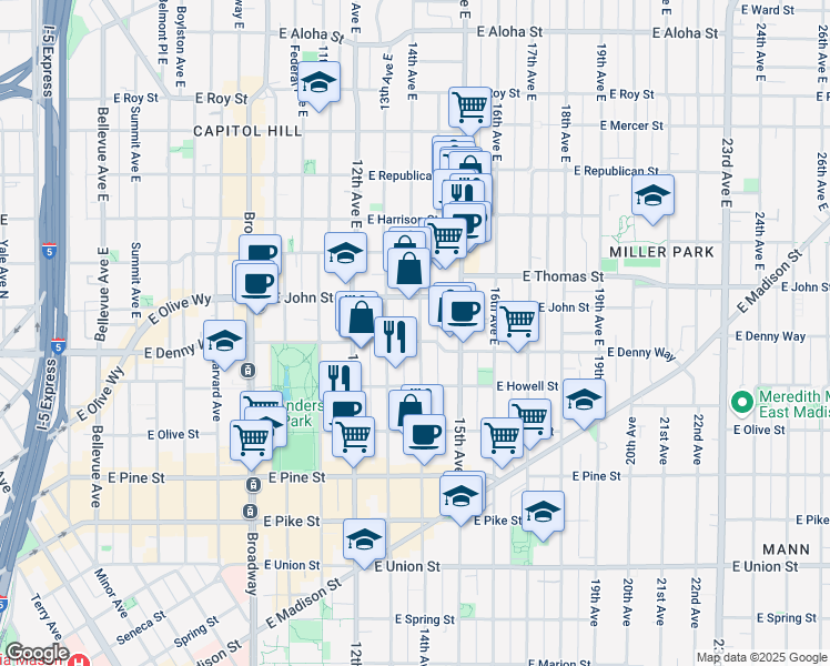 map of restaurants, bars, coffee shops, grocery stores, and more near 107 14th Avenue East in Seattle
