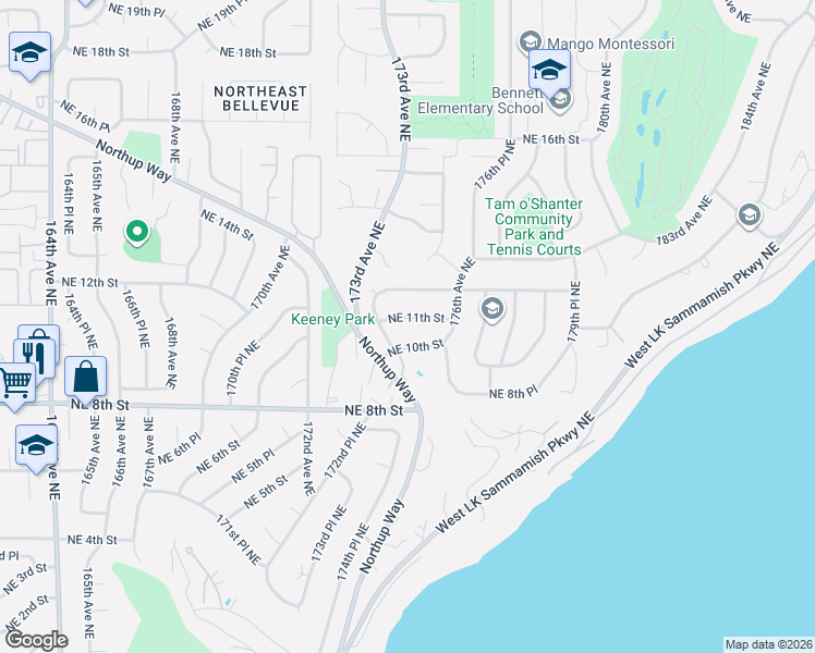 map of restaurants, bars, coffee shops, grocery stores, and more near 17439 Northeast 11th Street in Bellevue