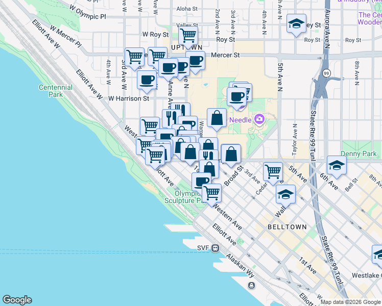 map of restaurants, bars, coffee shops, grocery stores, and more near 100 Denny Way in Seattle