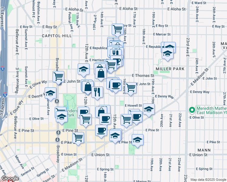 map of restaurants, bars, coffee shops, grocery stores, and more near 115 15th Avenue East in Seattle
