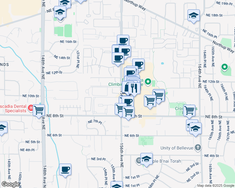 map of restaurants, bars, coffee shops, grocery stores, and more near 1003 156th Avenue Northeast in Bellevue