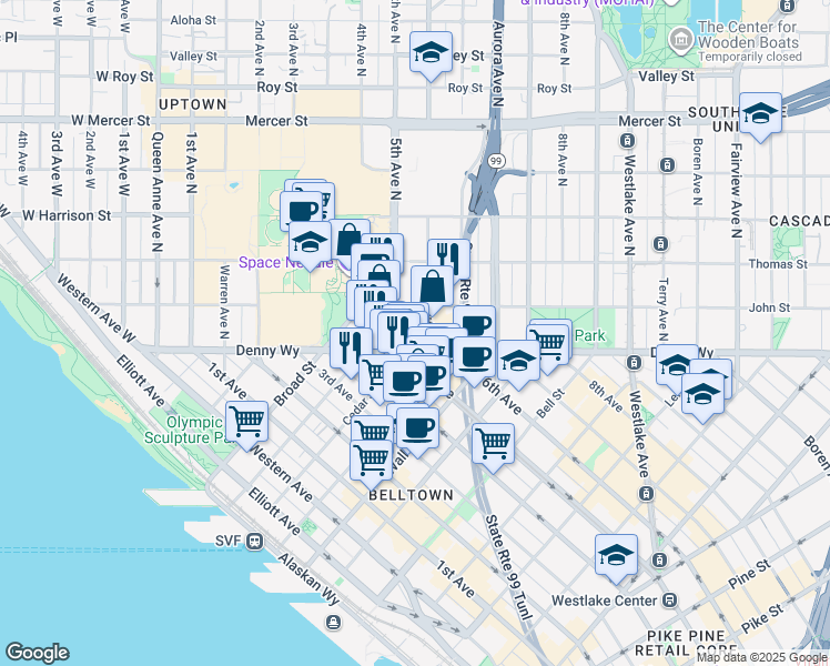 map of restaurants, bars, coffee shops, grocery stores, and more near 101 Taylor Avenue North in Seattle