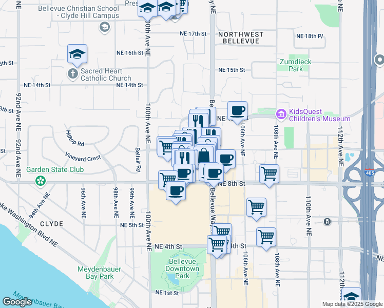 map of restaurants, bars, coffee shops, grocery stores, and more near 10223 Northeast 10th Street in Bellevue