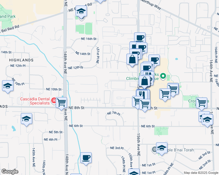 map of restaurants, bars, coffee shops, grocery stores, and more near 1049 156th Avenue Northeast in Bellevue