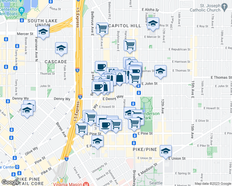 map of restaurants, bars, coffee shops, grocery stores, and more near 112 Boylston Avenue East in Seattle