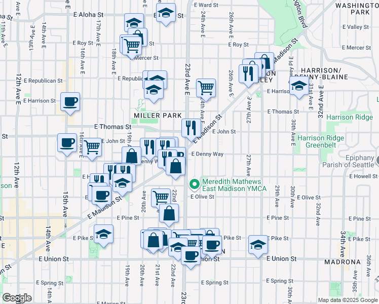 map of restaurants, bars, coffee shops, grocery stores, and more near 2303 East Madison Street in Seattle